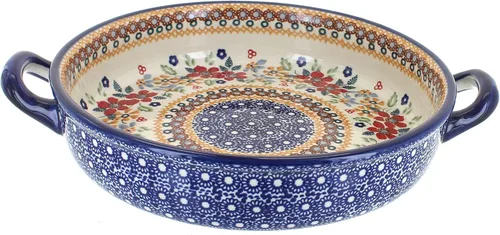 Blue Rose - Cerámica pulida de margaritas rojas con asas, 9.5 pulgadas de diámetro, único, apto para lavavajillas y duradero