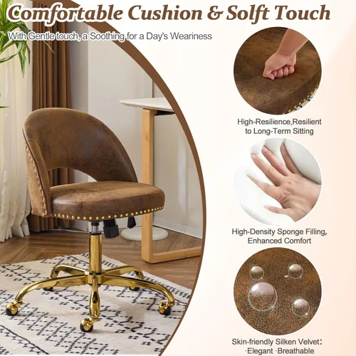 Miniatura 3 de VINGLI Silla de Oficina Pequeña de Terciopelo Moderno, Linda Silla de Escritorio con Ruedas, Base/Tachuelas Doradas, Cómoda Silla Giratoria sin