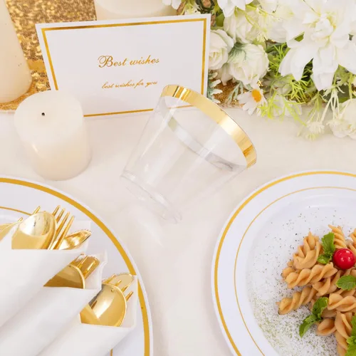 Miniatura 3 de DaYammi Juego de vajilla de plástico dorado de 350 piezas para 50 invitados, platos desechables elegantes para fiestas, incluye: 50 platos llanos