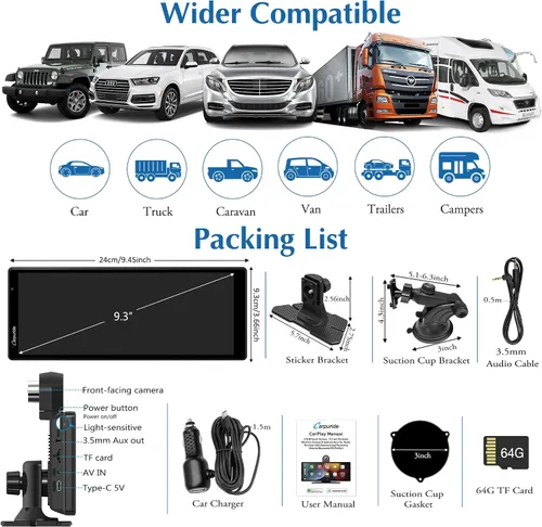 Miniatura 7 de Carpuride Carplay inalámbrico portátil 4K W903 y Android Auto con cámara de salpicadero, pantalla HD IPS de 9.3 pulgadas, cámara frontal 4K