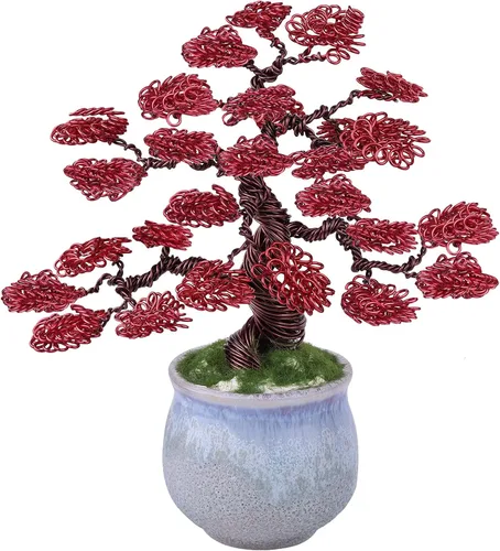 Miniatura 10 de rockcloud Escultura de árbol de dinero de alambre de aluminio con base de cerámica, bonsái de Feng Shui, decoración de oficina en casa para suerte