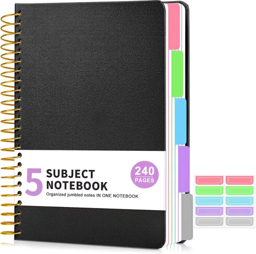Miniatura 13 de Cuaderno de 5 asignaturas con reglas universitarias y divisores de bolsillos removibles con pestañas, 240 páginas, cuaderno en espiral de 21.59 x
