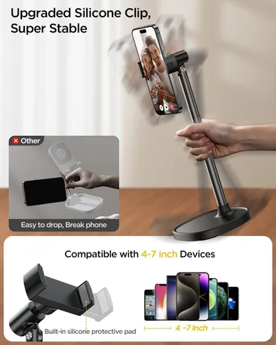 Miniatura 5 de DIMONCOAT Soporte de teléfono para escritorio, soporte de teléfono ajustable en ángulo y altura para escritorio, soporte universal de aleación