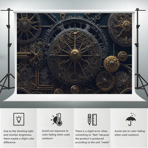 Miniatura 6 de YongFoto Telón de fondo antiguo steampunk de 5 x 3 pies, relojes de metal retro, esfera industrial mecánica para fotografía, telón de fondo