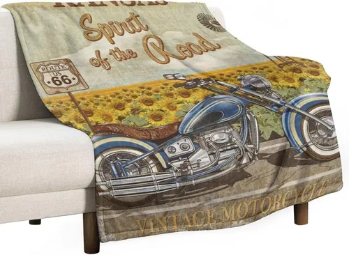 Miniatura 26 de Manta de motocicleta antigua, rústica y clásica, con temática de auto clásico, ruta de EE. UU., 66, patrón impreso, manta de franela súper suave