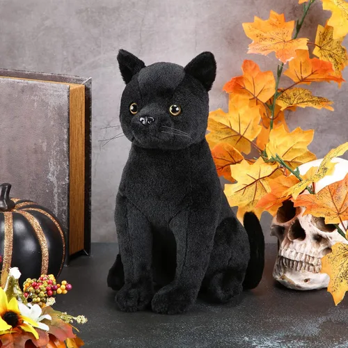 Miniatura 4 de HyDren Peluche de gato negro de Halloween de 13 pulgadas, animal de peluche realista de gato suave y lindo, almohada de juguete, regalos para niños