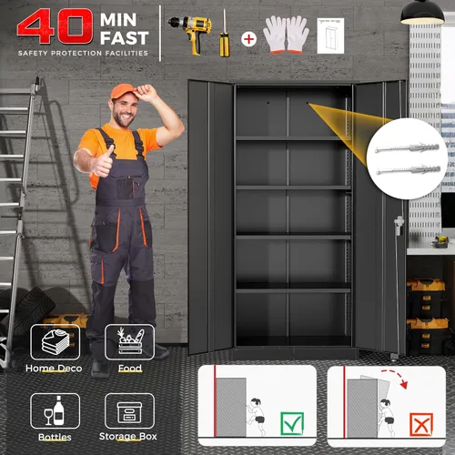 Miniatura 5 de Pataku Armario de almacenamiento de metal con cerradura, gabinete de garaje negro de 71 pulgadas de alto con 2 puertas y 4 estantes ajustables