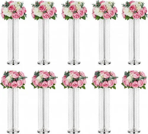 Miniatura 10 de Jarrones de boda de metal de 35.4 pulgadas de alto para centros de mesa: juego de 2 soportes de flores con cristales acrílicos, elegantes soportes