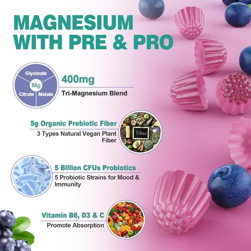 Miniatura 3 de Gomitas de complejo de magnesio de 400 mg para mujeres y hombres con prebióticos y probióticos, suplemento de gomita de citrato de glicinato