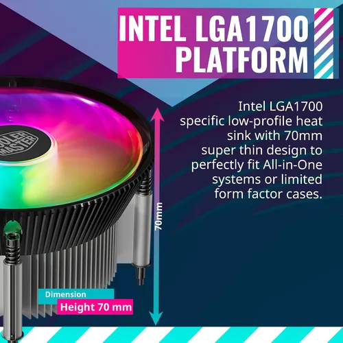 Miniatura 2 de Cooler Master Enfriador de aire i70 de bajo perfil para CPU, aletas de aluminio negro anodizado con ventilador de 120 PWM, base de inserción