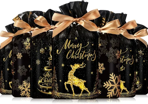 Capoda 60 unidades de bolsas de plástico con cordón de Navidad, color negro y dorado, bolsas de dulces para árbol de Navidad, alce de nieve, bolsas