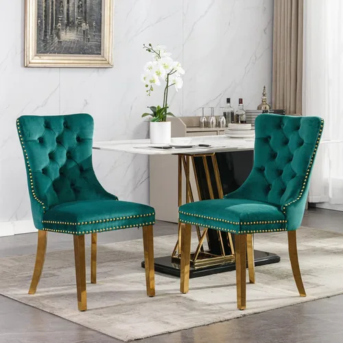Miniatura 16 de Juego de 2 sillas de comedor de terciopelo, sillas decorativas tapizadas con patas de metal plateado, ribete de cabeza de clavo, tirador de anillo