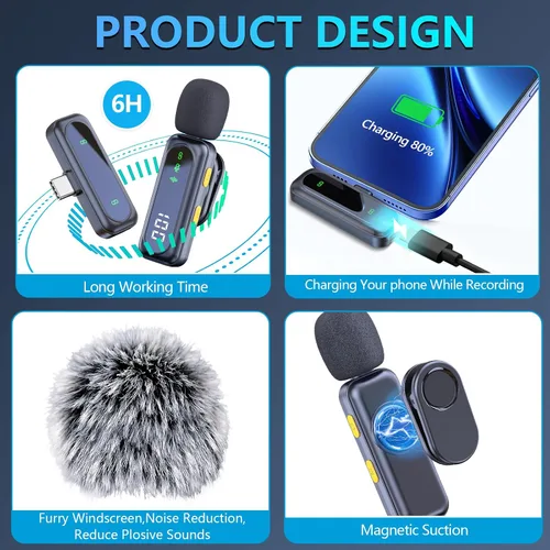 Miniatura 4 de RICCHI Micrófono Lavalier inalámbrico para iPhone, iPad y teléfono Android, 2 mini micrófonos con reducción de ruido micrófono de solapa