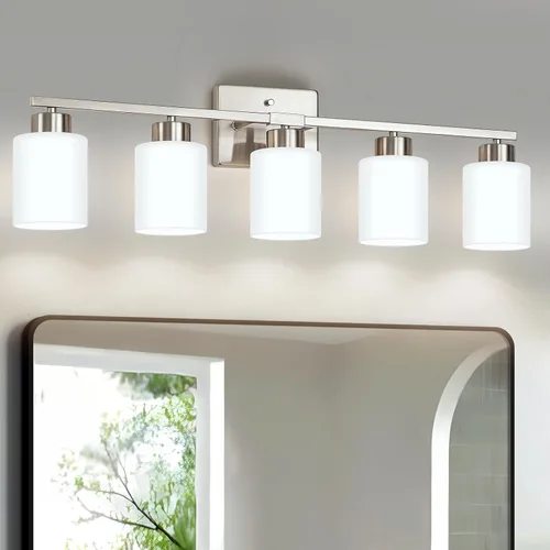 Miniatura 17 de FonmYim Lámpara de baño negra, lámpara de tocador moderna de 3 luces sobre espejo, apliques de pared con pantallas de vidrio esmerilado blanco