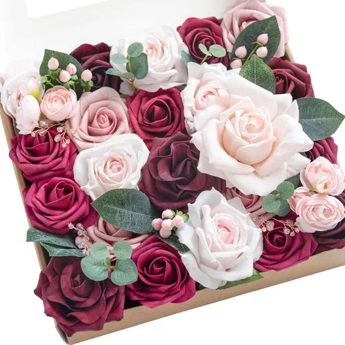 Miniatura 13 de Ling's moment Caja de flores falsas, tallos de vegetación artificiales artificiales, rosas de espuma, peonías de seda de dalia, eucalipto, flor Rosa