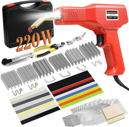 Soldador de plástico de 220 W, kit de soldadura de plástico 2 en 1 mejorado, kit de reparación de plástico, 1000 grapas calientes y 92 varillas de