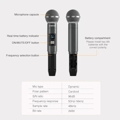 Miniatura 3 de Phenyx Pro Micrófono inalámbrico portátil, micrófono dinámico UHF de 900 MHz, micrófono inalámbrico de metal, transmisor de mano para PDP-1/2