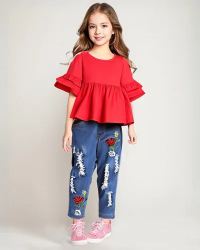 Miniatura 4 de NZRVAWS Baby Girl Clothes Toddler Girl Outfits Infant Ruffle Shirt Denim Ripped Jeans Cute Clothing Set