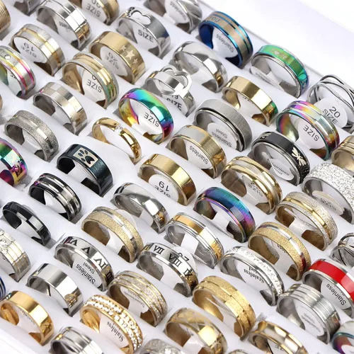 Miniatura 2 de 50PcsLot Fashion Stainless Steel Heart Rhinestone Band Rings For Women Men Mix Style Party Jewelry Wholesale