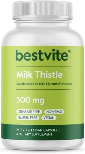 BESTVITE Cardo mariano de 300 mg (240 cápsulas vegetarianas) - estandarizado al 80% de flavonoides de silimarina - Sin estearatos - Vegano - Sin OMG