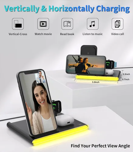 Miniatura 6 de Estación de carga plegable 4 en 1 con luz, cargador inalámbrico rápido para iPhone 11 12 13 14 15 16 y Apple Watch Series y Air Pods, Galaxy S9 10