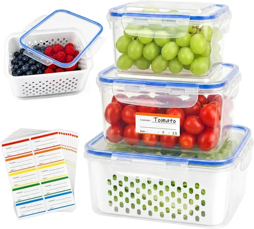Paquete de 2 recipientes de almacenamiento de frutas para refrigerador con coladores extraíbles, aptos para lavavajillas y microondas, recipientes