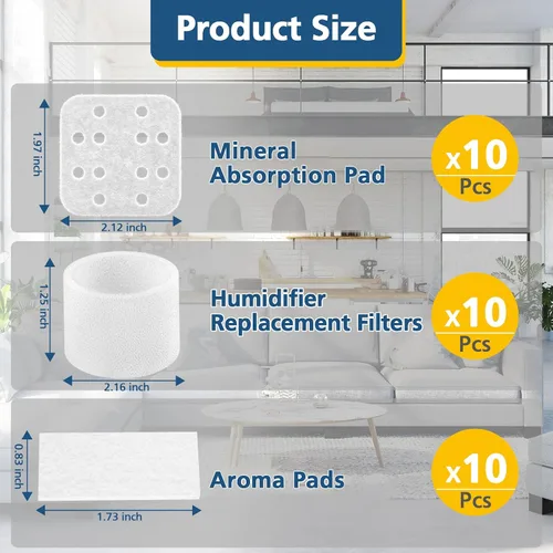 Miniatura 3 de Paquete de 10 Filtros de Repuesto para Humidificador, Paquete de 10 Almohadillas de Absorción y Paquete de 10 Almohadillas de Aroma, Compatible