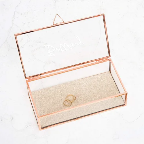 Miniatura 4 de WEDDINGSTAR Organizador de joyero de cristal rectangular grande personalizado Bordes de oro rosa - Fuente de guión