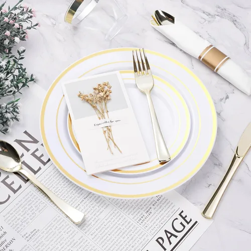 Miniatura 5 de BESTVIP Juego de vajilla de plástico dorado de 175 piezas, platos de fiesta desechables para 25 invitados, incluye: 50 platos de plástico, 25
