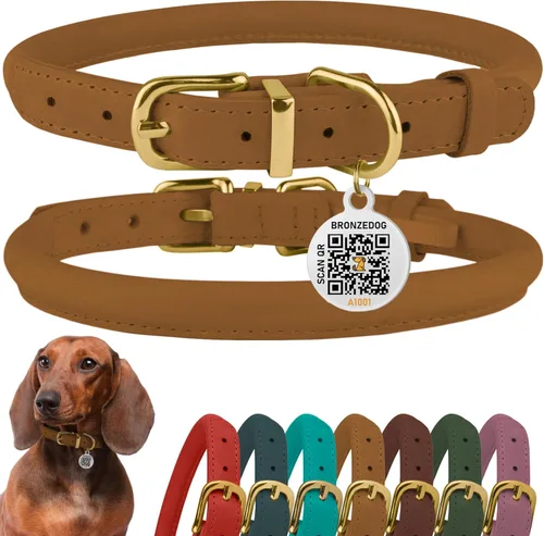Miniatura 15 de Collar de cuero enrollado, redondo, suave y ajustable con placa de identificación por QR para perro pequeño, mediano y grande, cachorro y gato Rosa