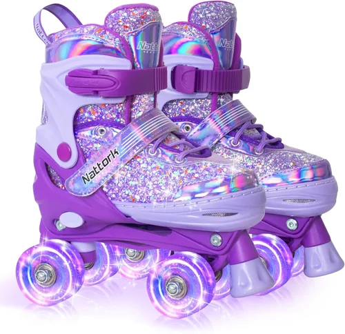 Miniatura 9 de Nattork Patines de ruedas para niñas y niños, 4 tamaños ajustables para niñas de 3 a 12 años con ruedas iluminadas y protección de seguridad, regalo