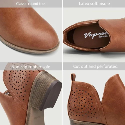 Miniatura 3 de VEPOSE botas al tobillo para mujer con tacón bajo y grueso, con perforaciones, botas de vaquero