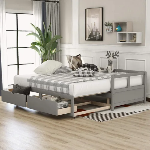 Miniatura 10 de Bellemave Sofá cama de madera con cama nido, marco extensible de cama individual a king, sofá cama de doble uso que ahorra espacio para dormitorio