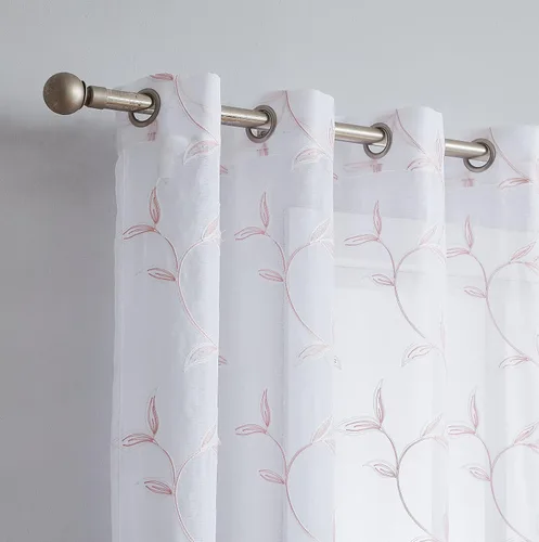 Miniatura 2 de Cortinas LinenZone de piso a techo para ventanas extra anchas. Cortinas transparentes blancas para divisores de habitación con bordado de hojas rosa