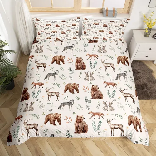 Miniatura 45 de Funda de edredón rústica tamaño Queen, juego de ropa de cama retro para cabaña de cabaña, oso de caza, ciervo, hojas de arce, funda de edredón