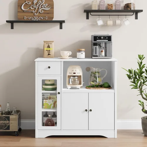Miniatura 4 de HORSTORS Armario para microondas, armario de almacenamiento de cocina con 3 puertas y 1 cajón, aparador de buffet con estantes ajustables, soporte