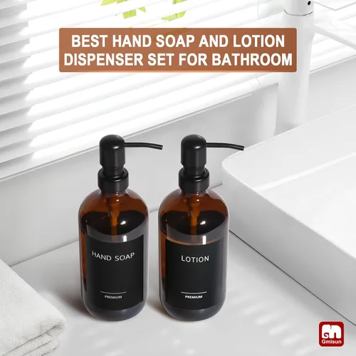 Miniatura 5 de Dispensador de jabón de vidrio ámbar GMISUN, juego de 2 dispensadores de jabón de mano para baño con bomba de acero inoxidable, juego de dispensador
