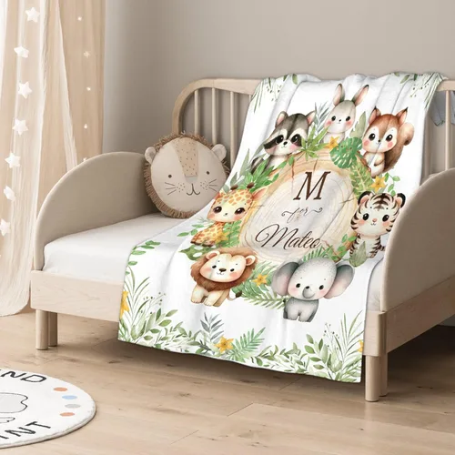 Miniatura 2 de Manta de bebé personalizada para niñas y niños, manta de bebé personalizada con nombre de bosque de animales para niños pequeños, baby shower