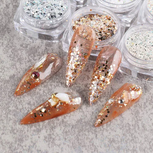 Miniatura 2 de Kits de arte de uñas holográficas, 6 cajas 3D con purpurina metálica brillante en copos acrílicos en polvo y lentejuelas para decoración holográfica