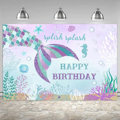 Miniatura 7 de Lofaris Telón de fondo de sirena de 5 x 3 pies con temática de cola de pez para niños y niñas bajo el mar Splish Splash Oneder The Sea 1st Bday