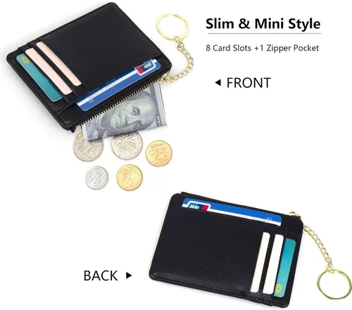 Miniatura 3 de Tarjetero delgado con bloqueo RFID, billetera de bolsillo pequeño, con cremallera Keychian para monedero, monedero y tarjetero para mujeres y hombres