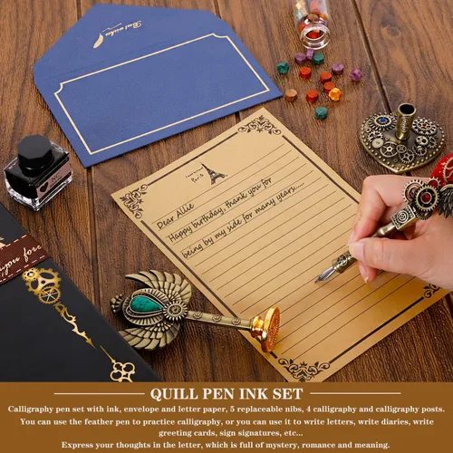 Miniatura 6 de NC Juego de Tinta de Pluma de Caña, Pluma de Pluma, Sello de Cera con Estampilla, Juego de Caligrafía - Regalo del Día de San Valentín para Amantes