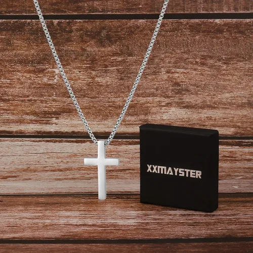 Miniatura 6 de Collar de cruz para hombre Collar con colgante de cruz lisa de acero inoxidable plataoro, regalo de joyería simple, cadena de caja de 18 a 24