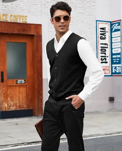 Miniatura 7 de COOFANDY Chaleco de suéter para hombre, cuello en V, casual, sin mangas, con botones, cárdigan