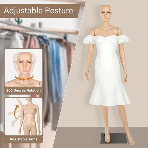 Miniatura 3 de HomGarden Maniquí femenino maniquí cuerpo completo vestido forma, 69" maniquí ajustable soporte costura vestido modelo pantalla cabeza gira vestido
