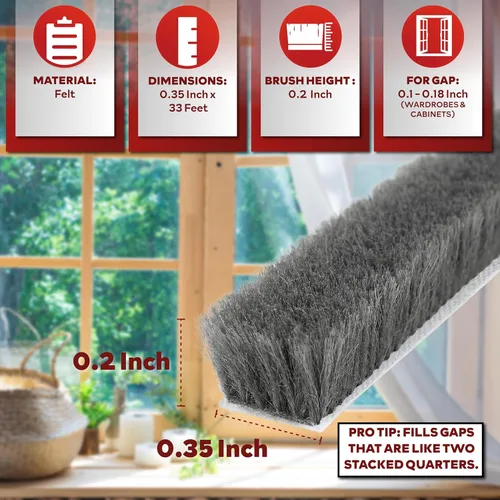Miniatura 2 de XFasten Burlete autoadhesivo para ventanas y puertas, 0.35 pulgadas x 33 pies, tapón de sello de cepillo de puerta insonorizado, tira de sellado
