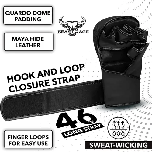 Miniatura 6 de BEAST RAGE Guantes MMA para Hombres Mujeres, Muñequeras Ajustables de Palma Abierta para Artes Marciales Grappling Sparring para Muay Thai Lucha