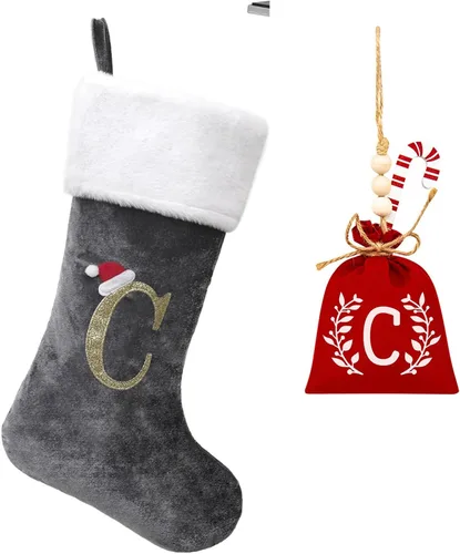 Miniatura 148 de Calcetines de Navidad bordados de 20 pulgadas con monograma, terciopelo negro con puño de felpa blanca supersuave, adornos clásicos para decoración