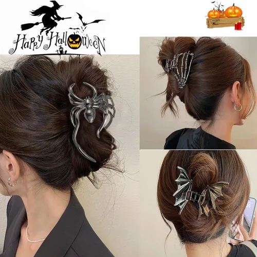 Miniatura 9 de Parcce 3 pinzas góticas para el cabello para mujer, pinzas de mano de esqueleto de murciélago negro metálico, accesorios de cabello de Halloween