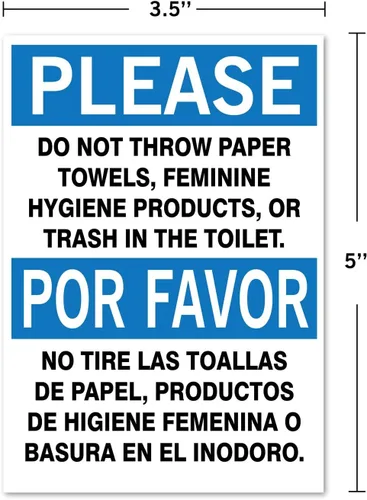 Miniatura 2 de Por favor: No tirar toallas de papel, productos de higiene femenina o basura en el inodoro. Adhesivo de vinilo bilingüe de 3,5 x 5 pulgadas. Por
